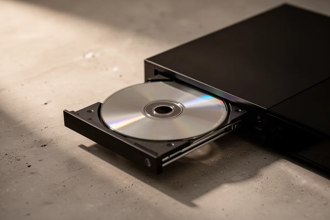 Close-up of a compact CD tray sliding open with a silver disc resting inside