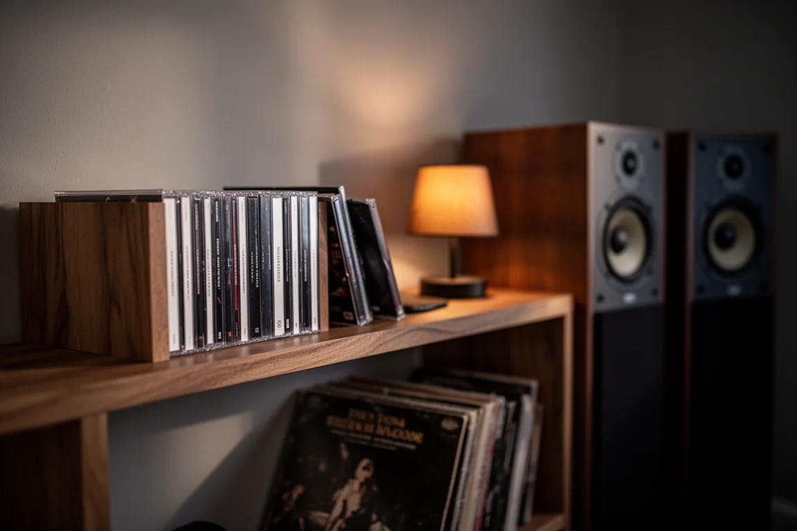 Warmly lit listening room shelf holding CDs and vinyl records beside speakers