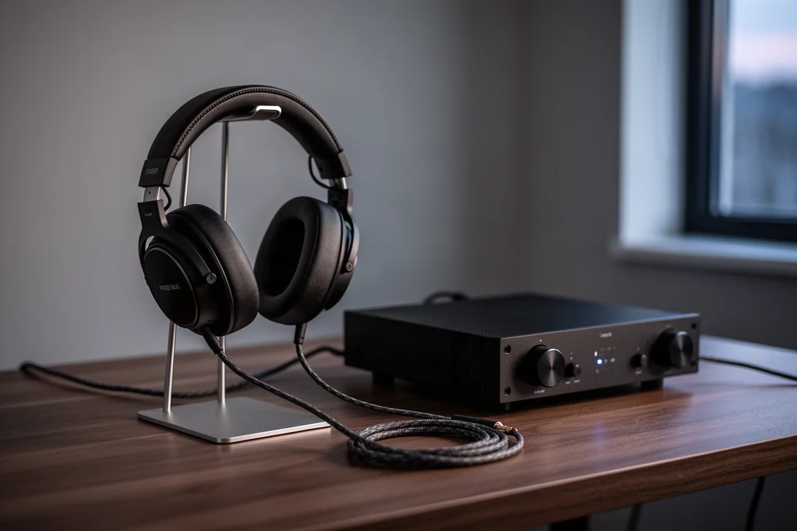 Open-back headphones on a stand beside a desktop amplifier in evening light