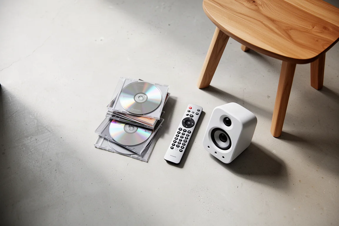 Overhead flat-lay of CD cases, a remote control and compact speakers on concrete