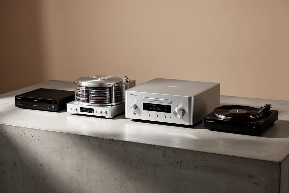 Four CD players of different sizes and finishes arranged in a row on a concrete surface