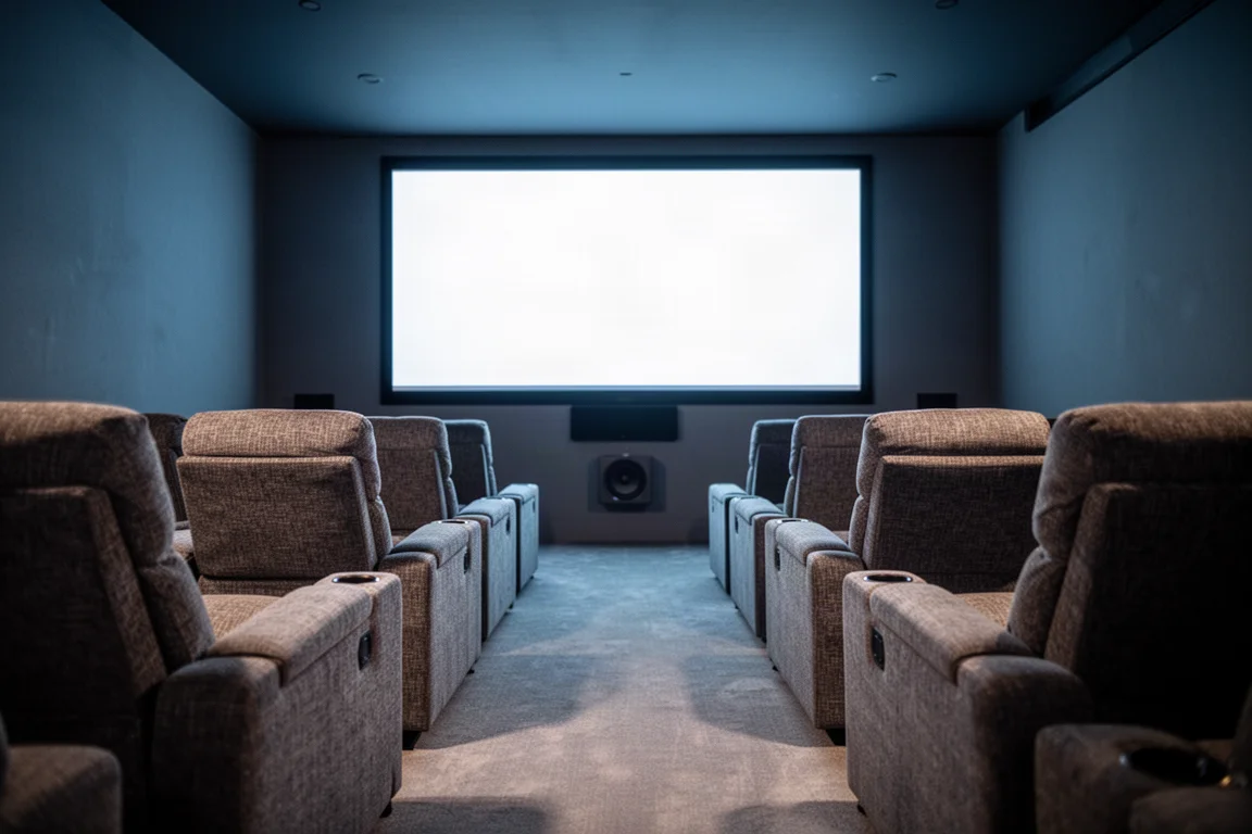Sala de home theater com iluminação baixa e fileiras de poltronas reclináveis vazias voltadas para uma tela brilhante