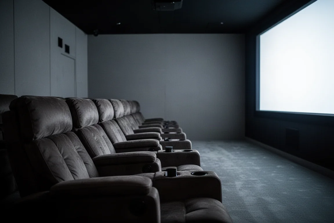 Fileira larga de poltronas de home theater vista de lado em uma sala escurecida