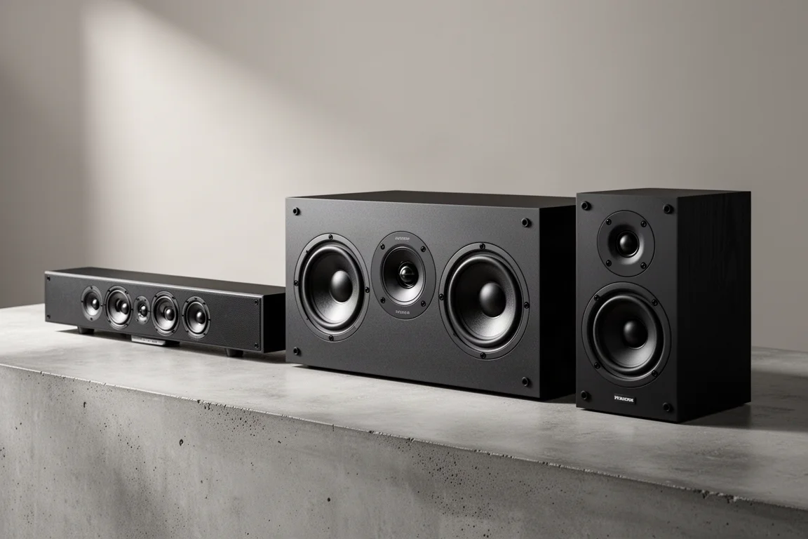 Three center channel loudspeakers of different sizes arranged on a concrete surface