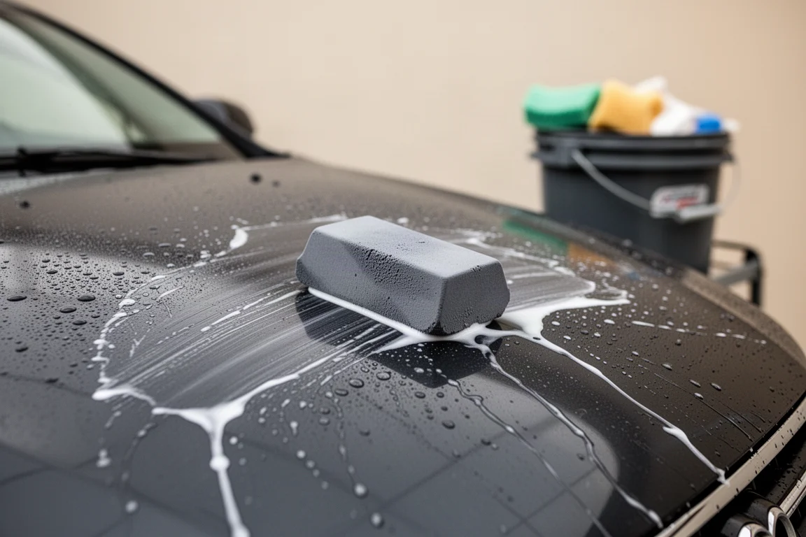 Motorhaube wird vor dem Auftragen der Keramikversiegelung gewaschen und mit Clay behandelt