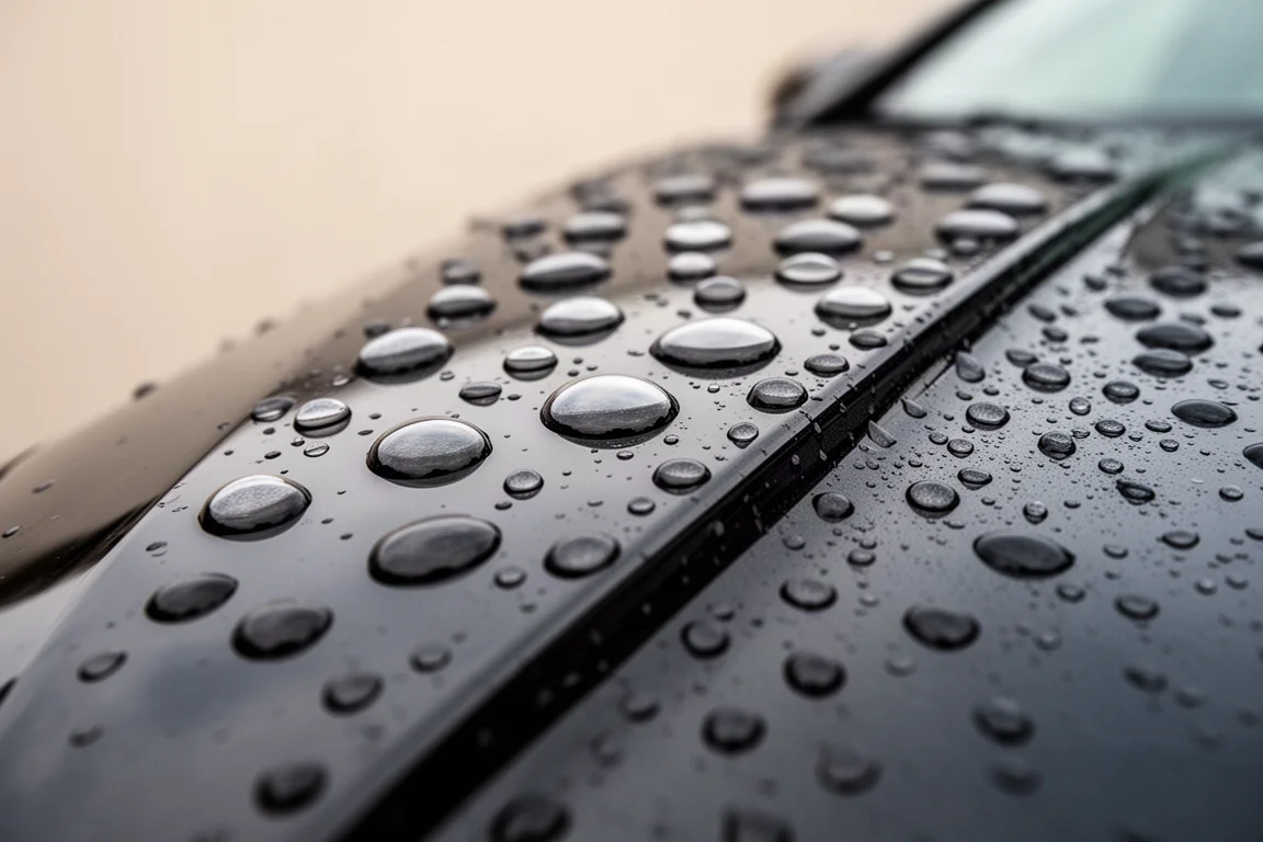 Enge Wasserperlen bilden sich nach dem Abspülen auf einer versiegelten Autolackfläche