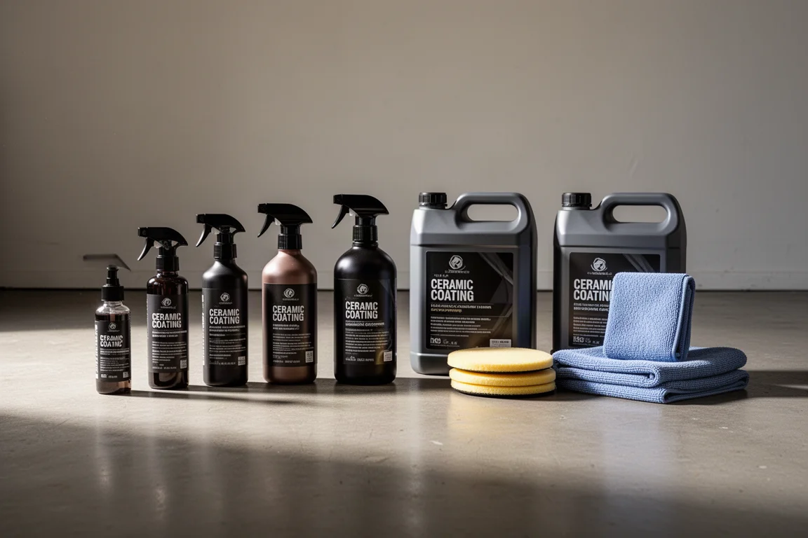 Eight ceramic coating bottles and kits arranged in a row on a concrete surface