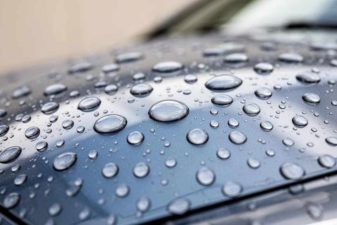 Close-up of water beading on a freshly coated car panel