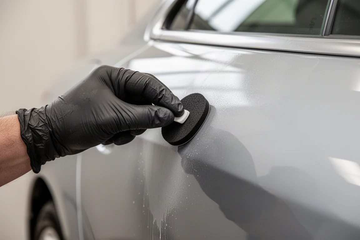 Detail shot of a hand applying ceramic coating with an applicator pad