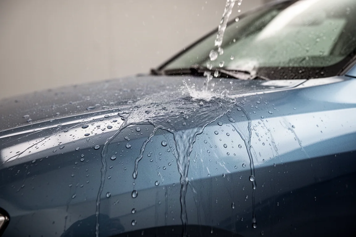 Car panel being rinsed with water showing hydrophobic beading after chemical exposure