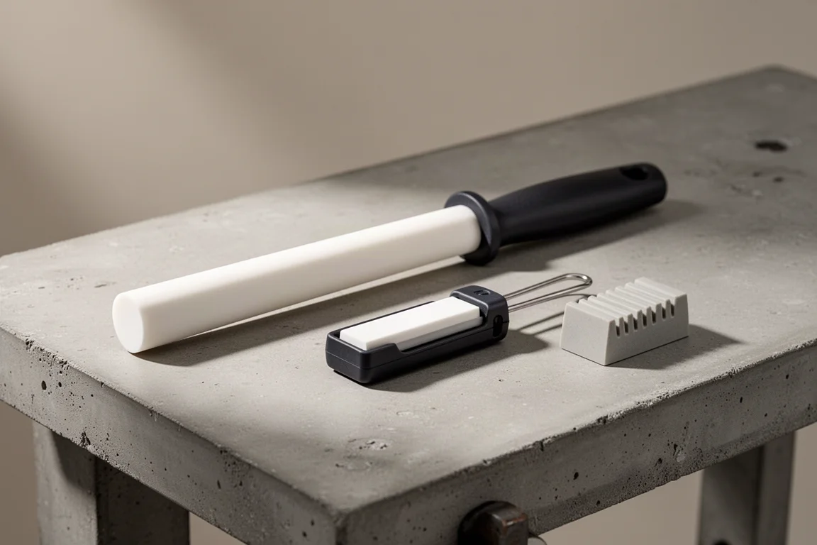 Collection of ceramic honing rods and sharpeners on a concrete workbench