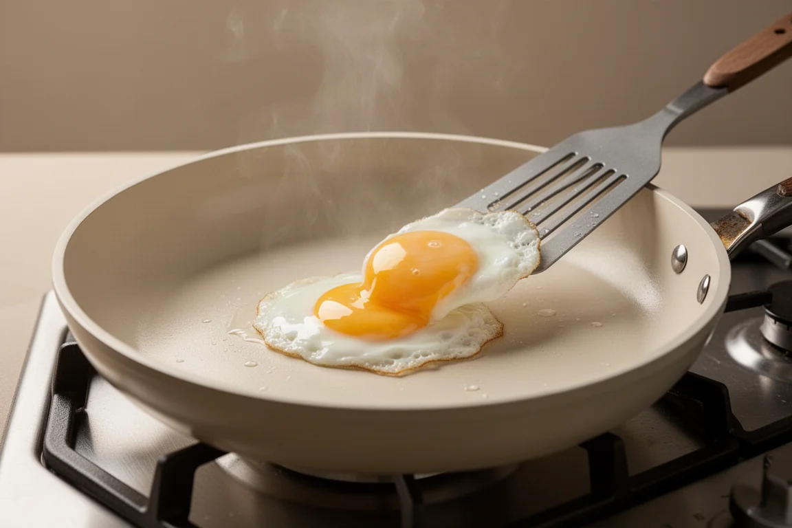 Fried eggs sliding easily in a ceramic non-stick pan on a stovetop