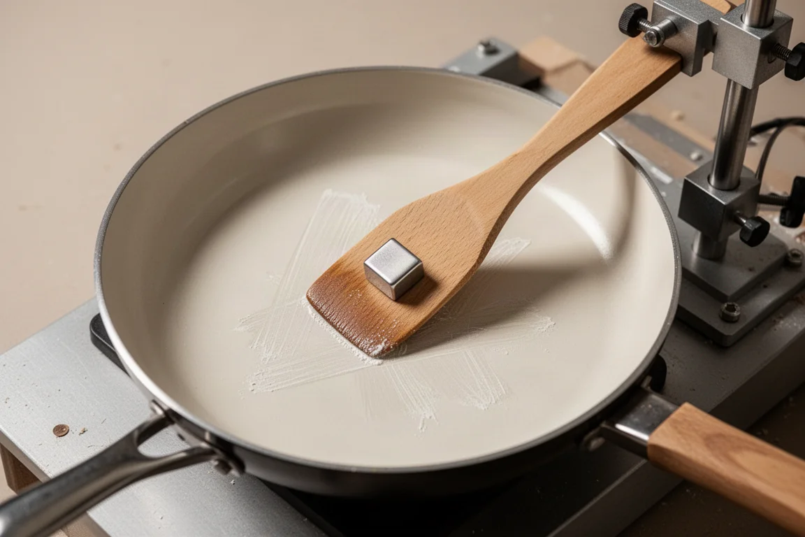 Weighted spatula being dragged across a pan surface to simulate wear