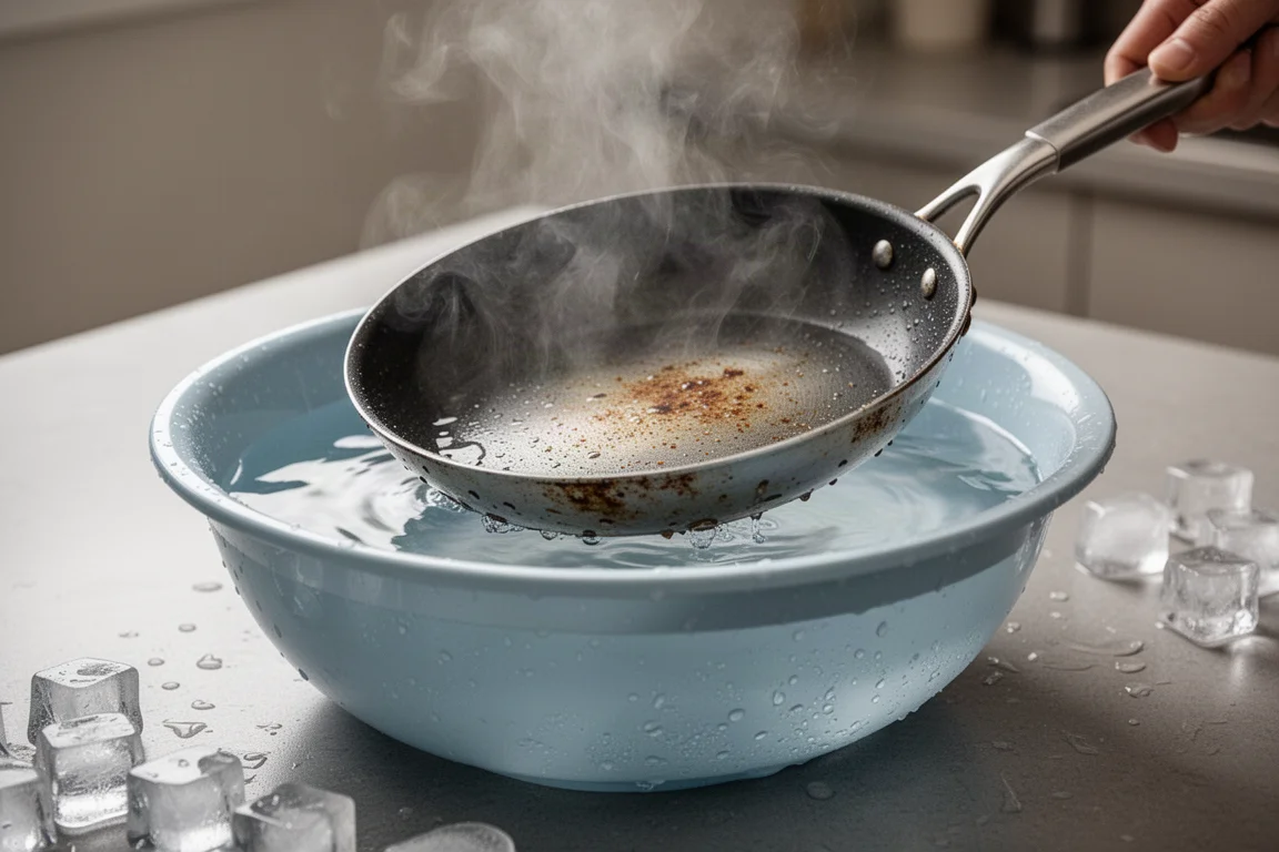 Hot pan being placed into a basin of cool water to test warp resistance