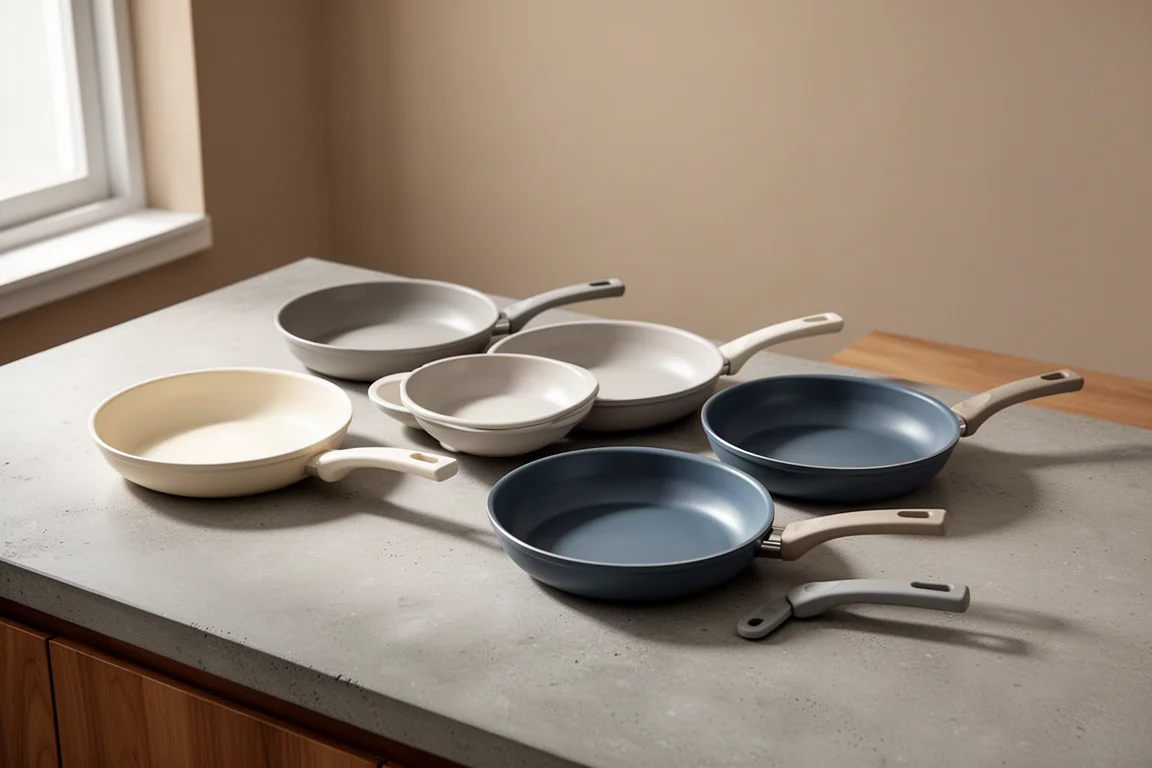 Six ceramic non-stick fry pans lined up on a concrete kitchen surface