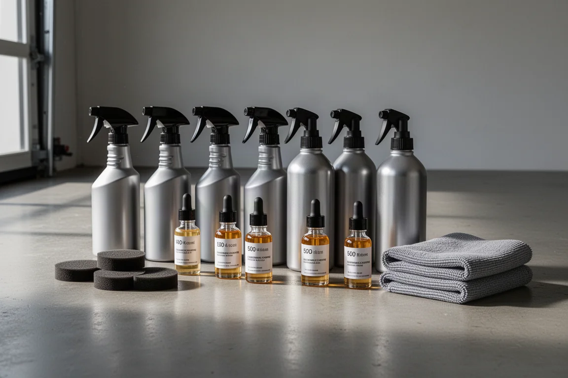 Row of ceramic coating bottles with applicators and microfiber towels on a concrete floor