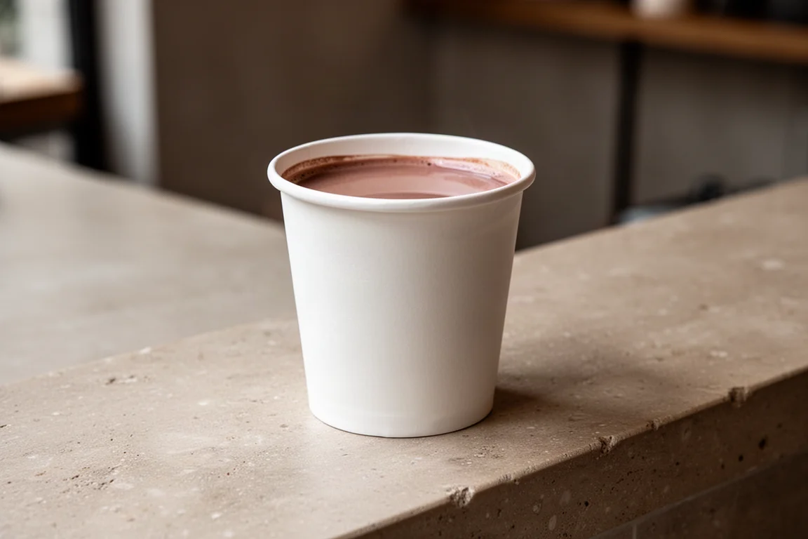 Wässrige, helle heiße Schokolade im To-go-Becher auf einer Café-Theke