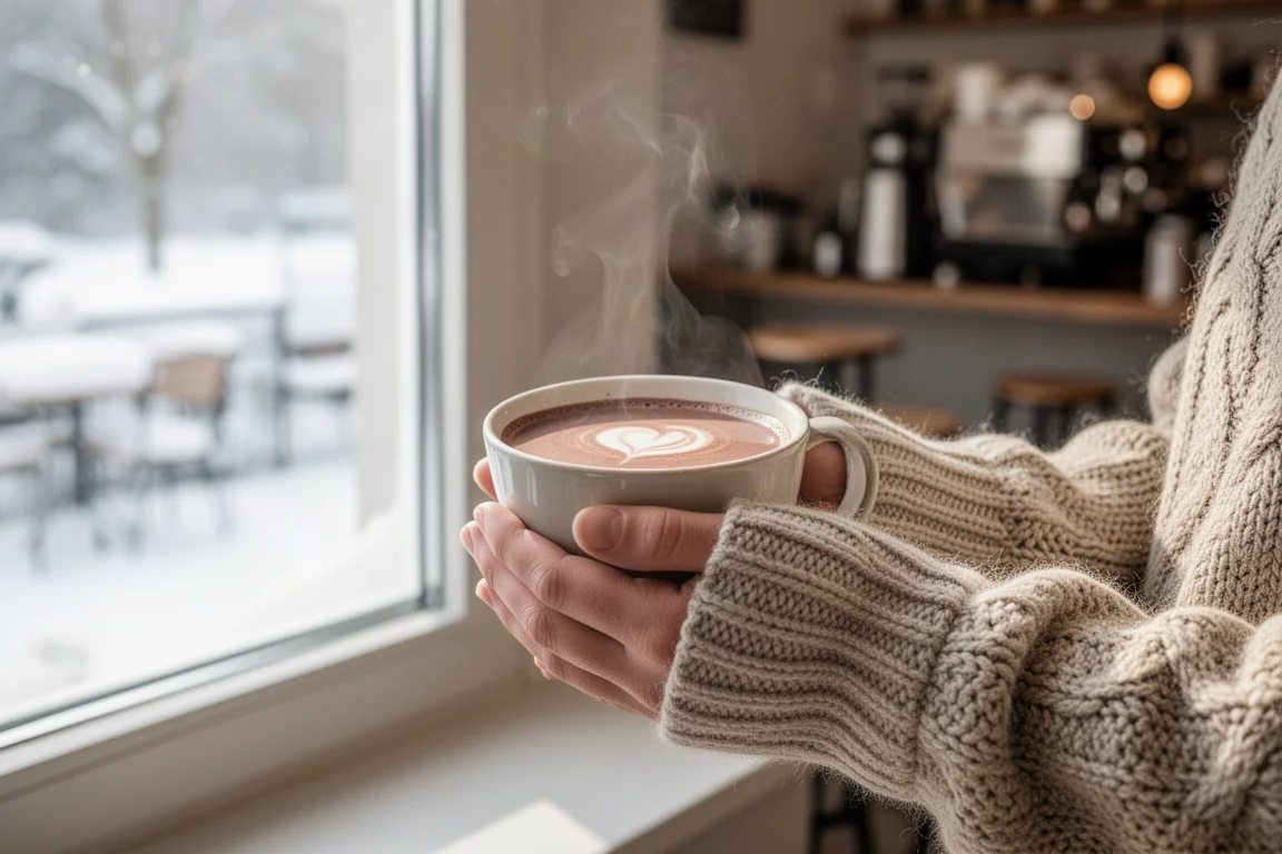 Hände halten eine warme Tasse heiße Schokolade am Fenster im Winterlicht