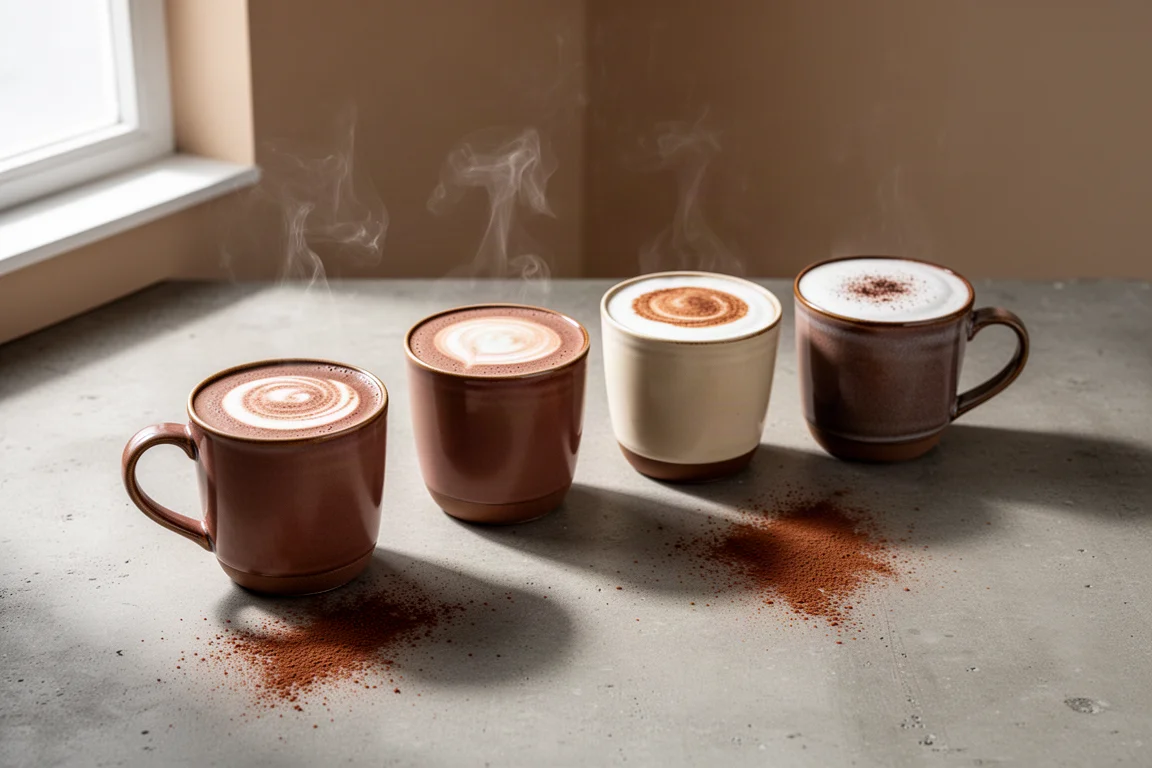 Four cups of hot chocolate with varying colours and froth on a concrete surface