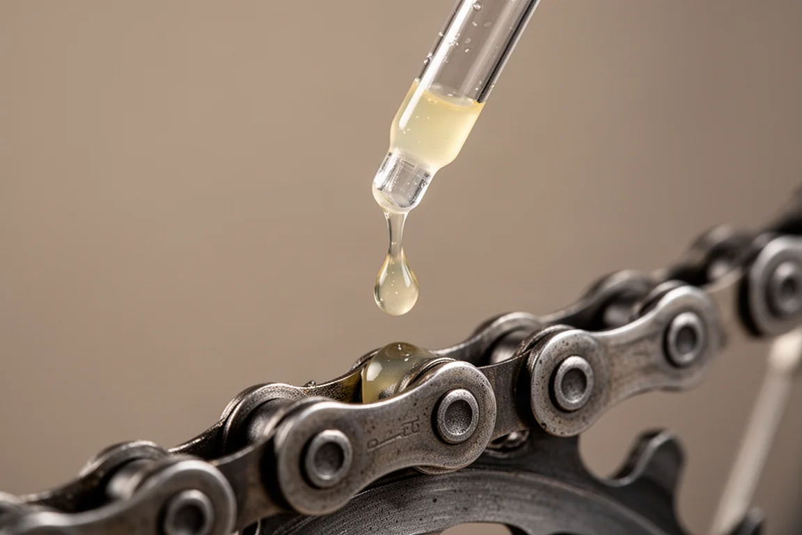 Una sola gota de lubricante de cera para cadena cayendo sobre un rodillo de cadena de bicicleta en detalle macro