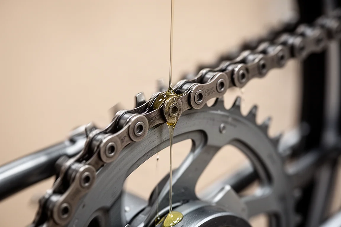 Cadena de bicicleta pasando por un plato mientras se aplica lubricante a lo largo de los rodillos