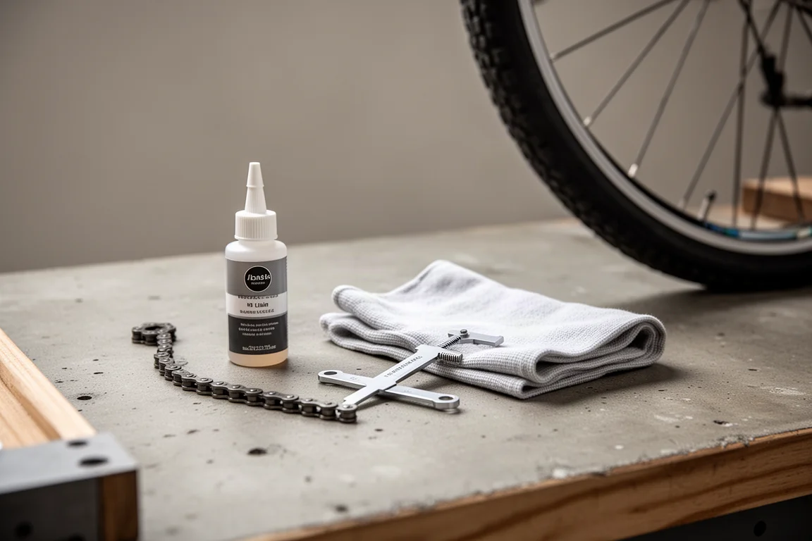 Banco de taller con un bote de lubricante de cadena, un trapo limpio y una rueda de bicicleta con luz suave