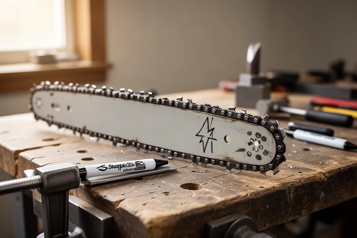 Chainsaw bar and chain clamped to a workbench with sharpening tools nearby