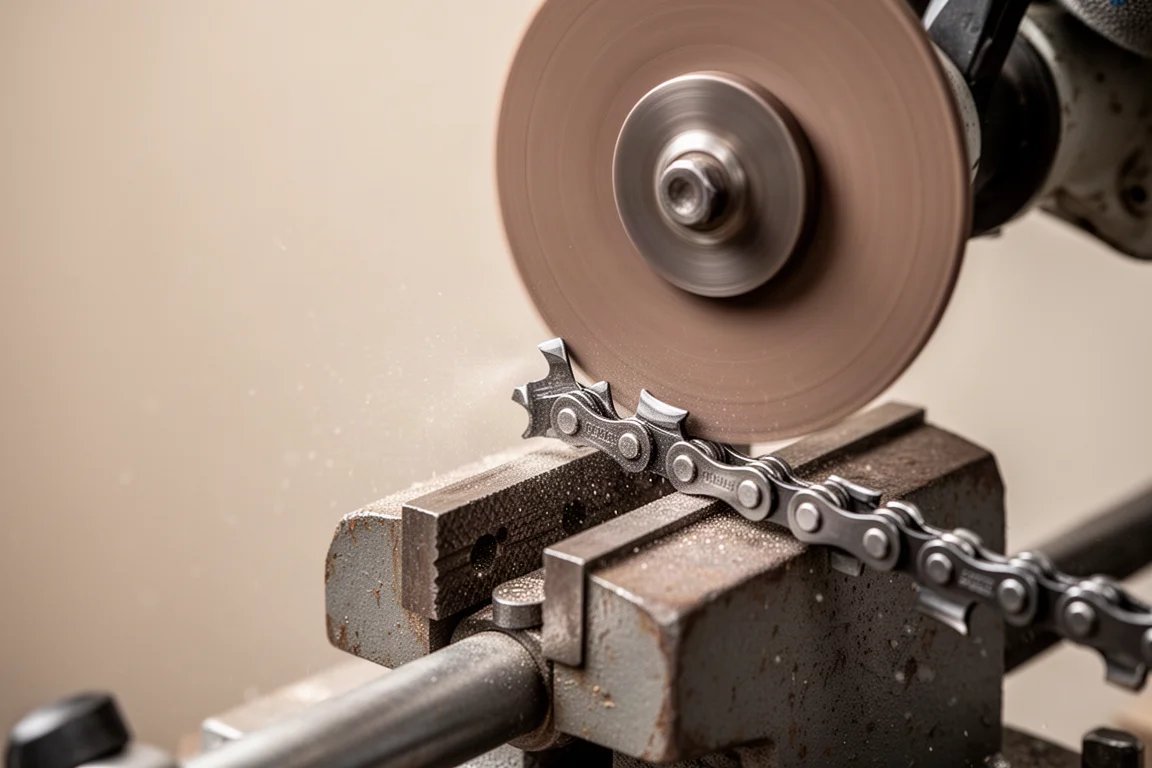 Sharpening a chainsaw chain with a rotary sharpener on a workbench
