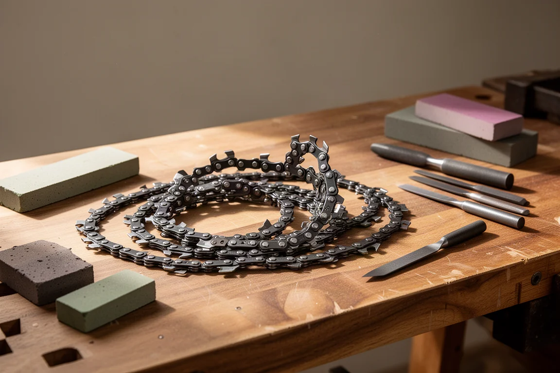 Several sharpened chainsaw chains laid out on a wooden workbench