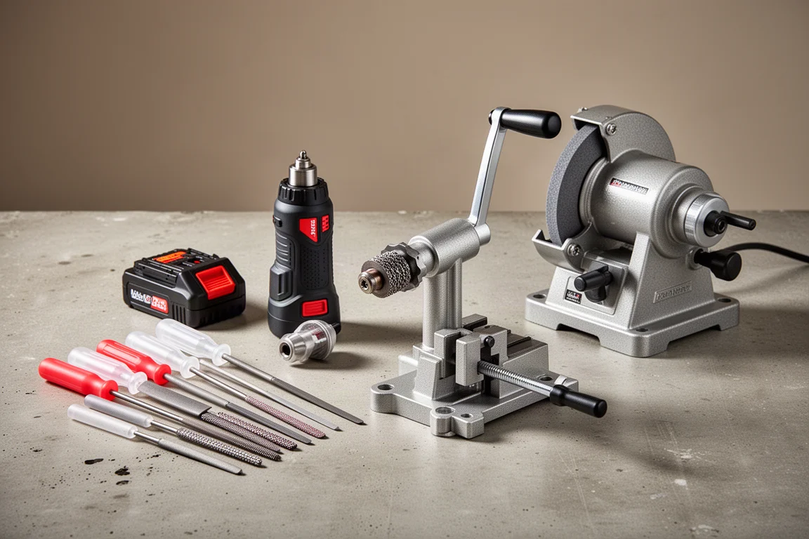 Assorted chainsaw sharpening tools laid out on a concrete workshop surface