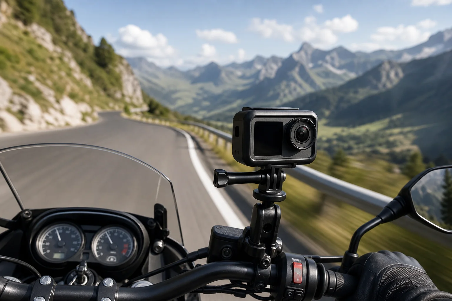 Action-Cam an einem Motorradlenker während einer Fahrt bei Tageslicht montiert