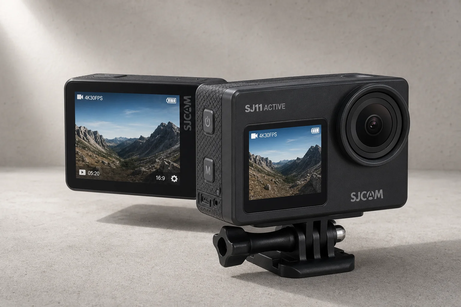 SJCAM SJ11 Active Action-Cam mit zwei Displays auf einer Betonoberfläche