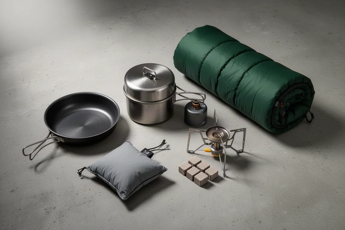Flat-lay of compact budget backpacking gear including a frying pan, cook set, stove and rolled sleeping bag