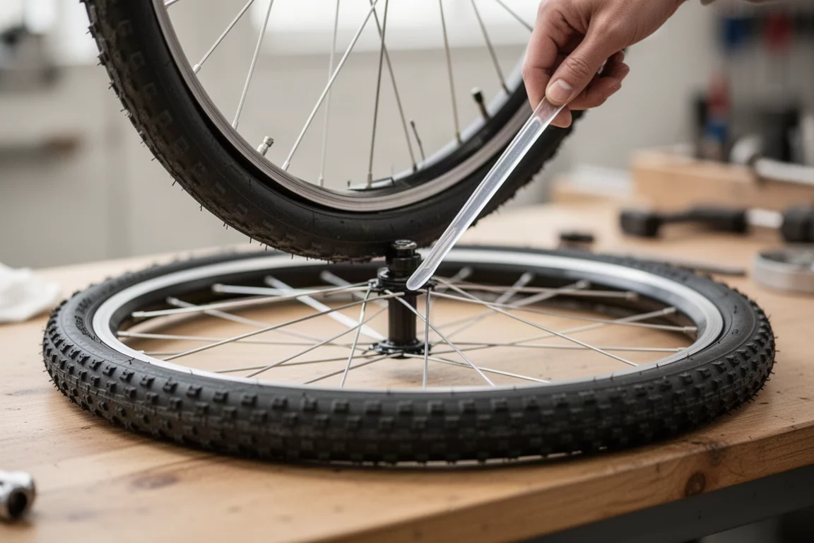 Pneu de bicicleta sendo levantado do aro com uma alavanca plástica fina em uma bancada de oficina