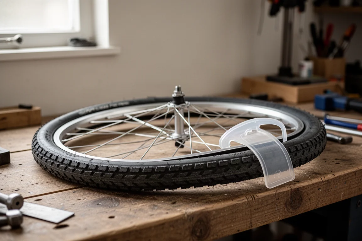 Roda de bicicleta em uma bancada de oficina com o pneu parcialmente assentado e uma ferramenta curva de montagem