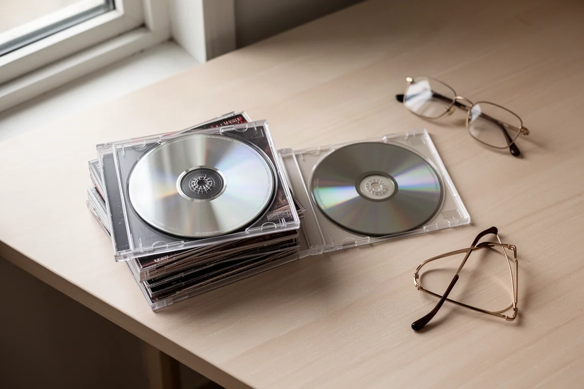 Vista cenital de discos compactos y una caja de CD abierta sobre un escritorio de madera clara