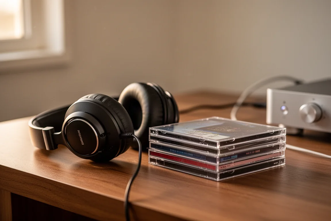 Auriculares y CD sobre un escritorio de madera junto a un pequeño componente de audio de aluminio