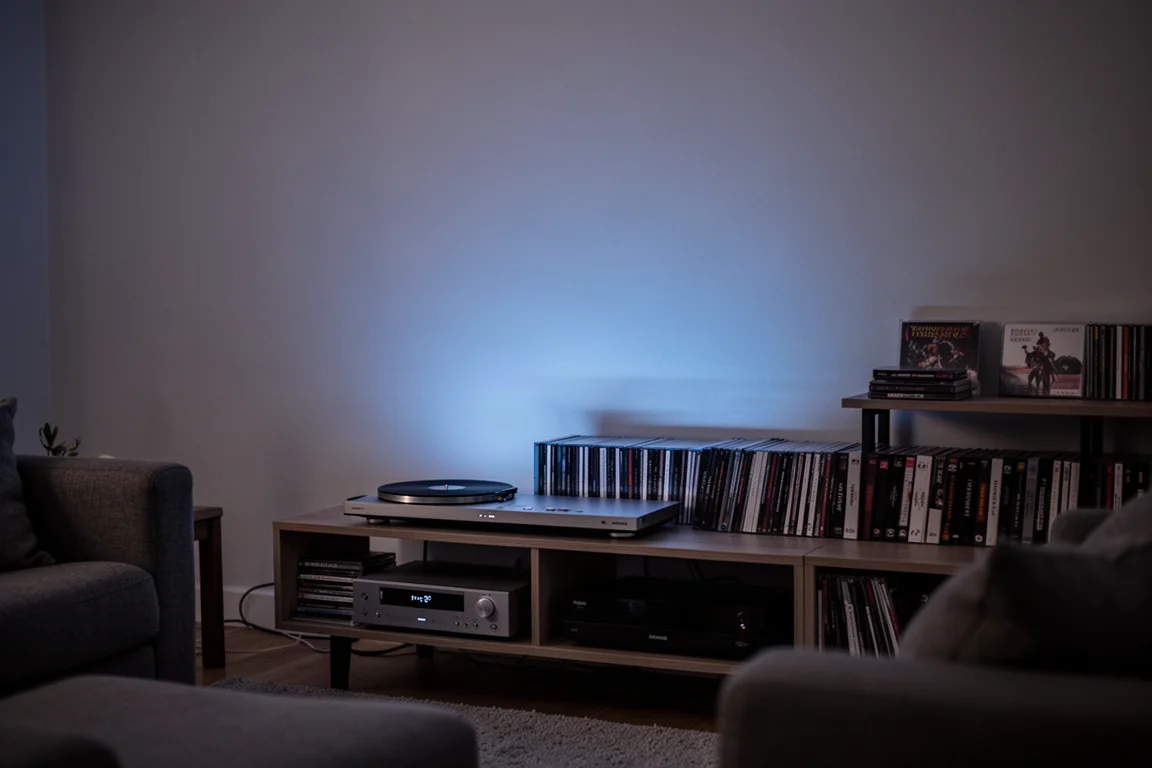 Salón con luz tenue al atardecer con un reproductor de discos delgado sobre un mueble multimedia