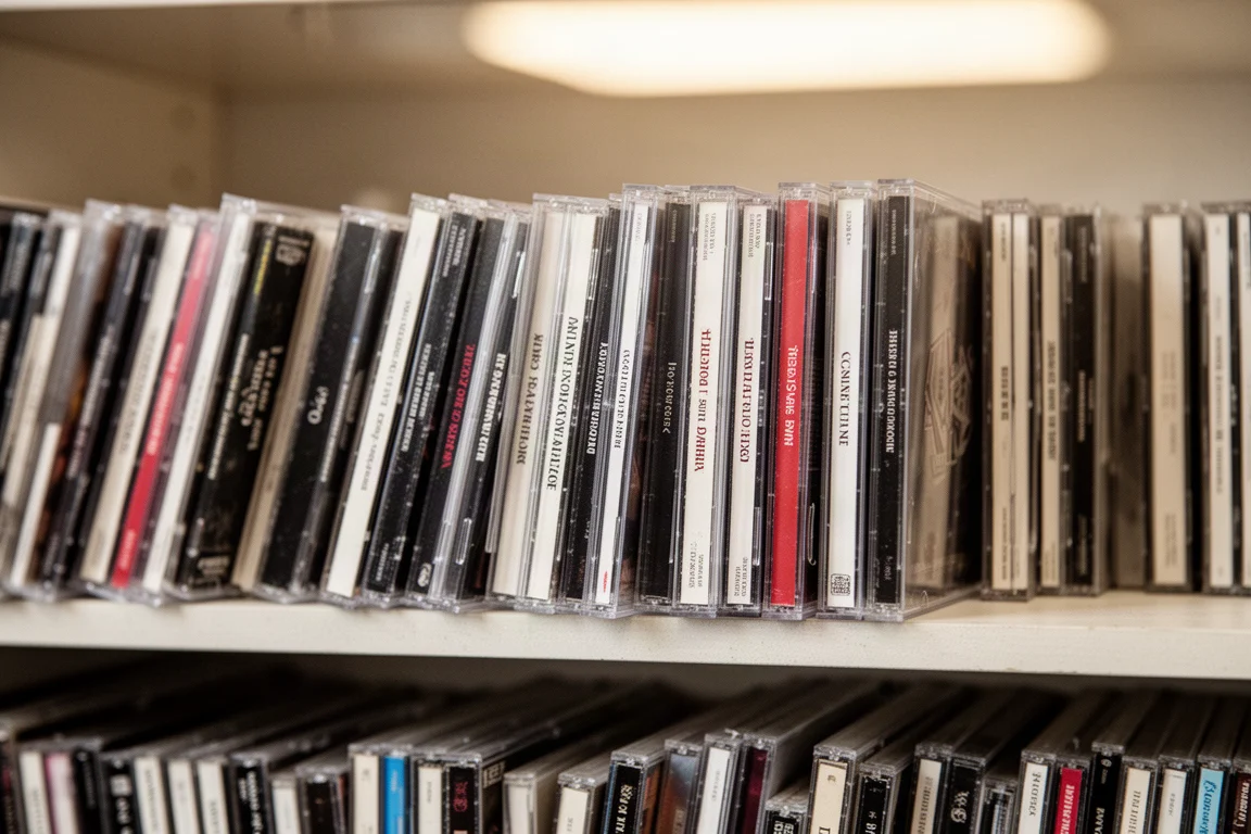 Estantería de discos compactos usados en cajas transparentes en una tienda de segunda mano