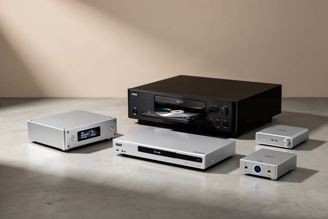Four audio components arranged on a concrete surface for a CD player buying guide