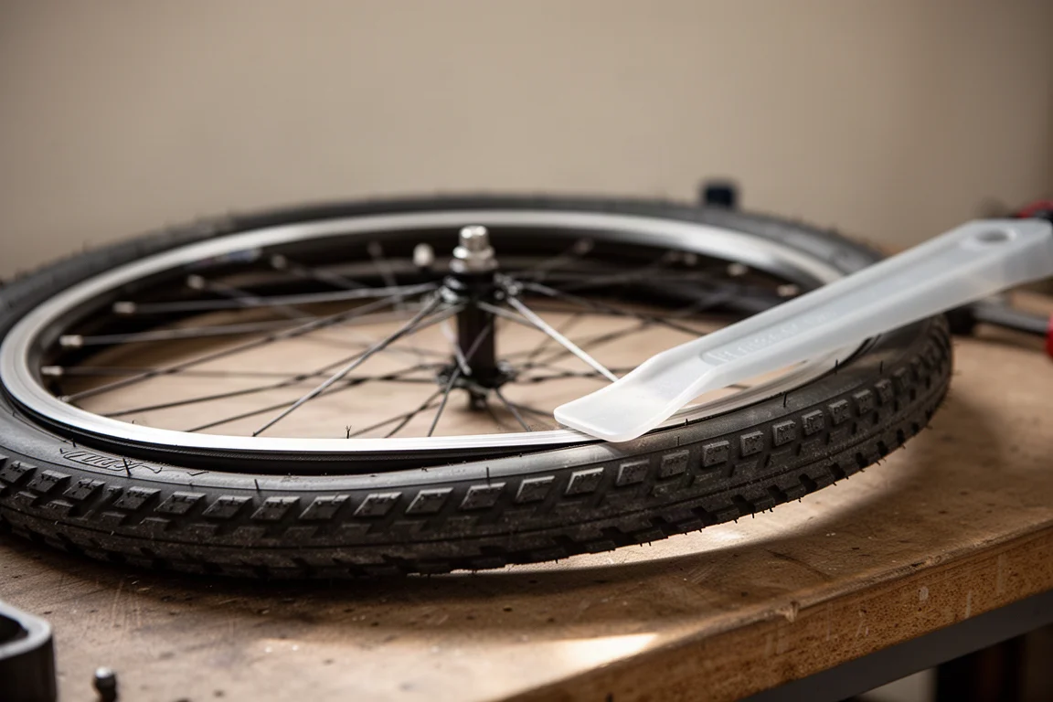 Cykelhjul liggande på en arbetsbänk med däcket delvis på fälgen