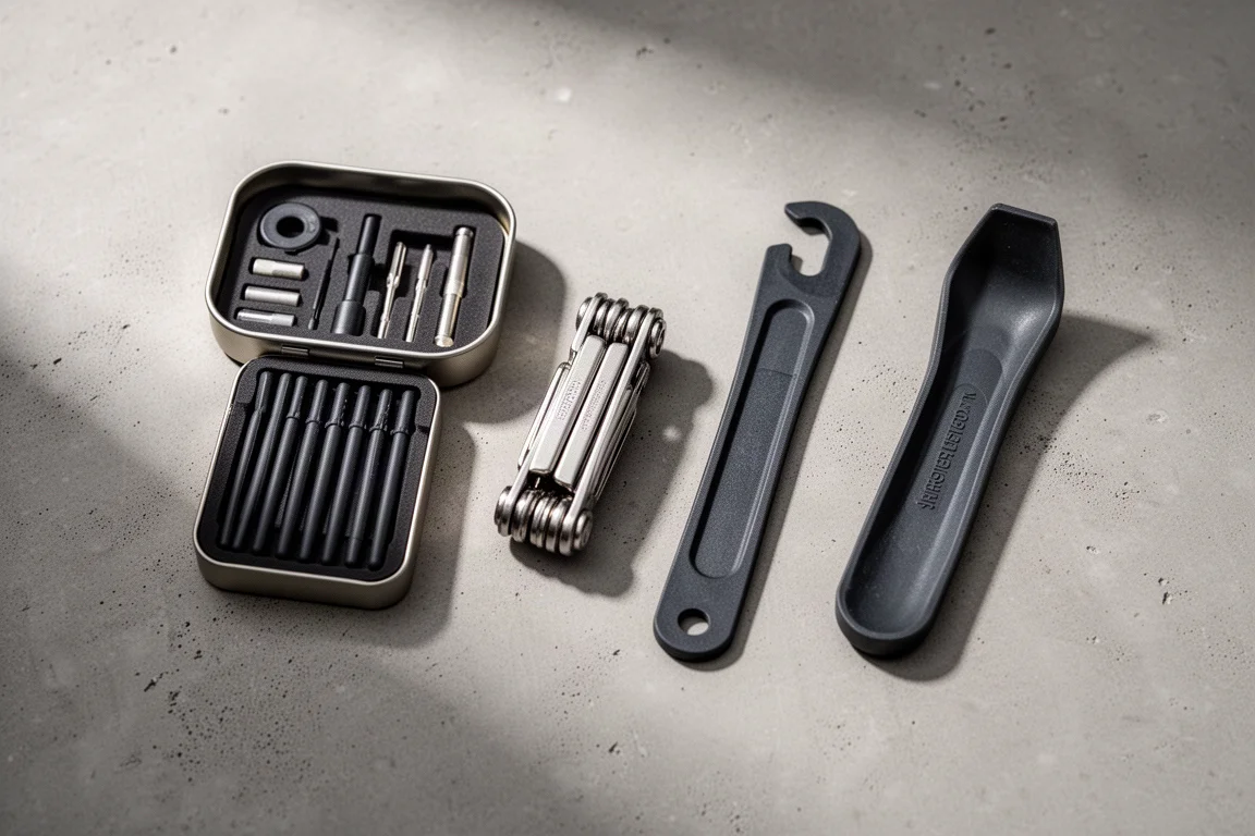 Four compact bicycle maintenance tools arranged flat on a concrete surface