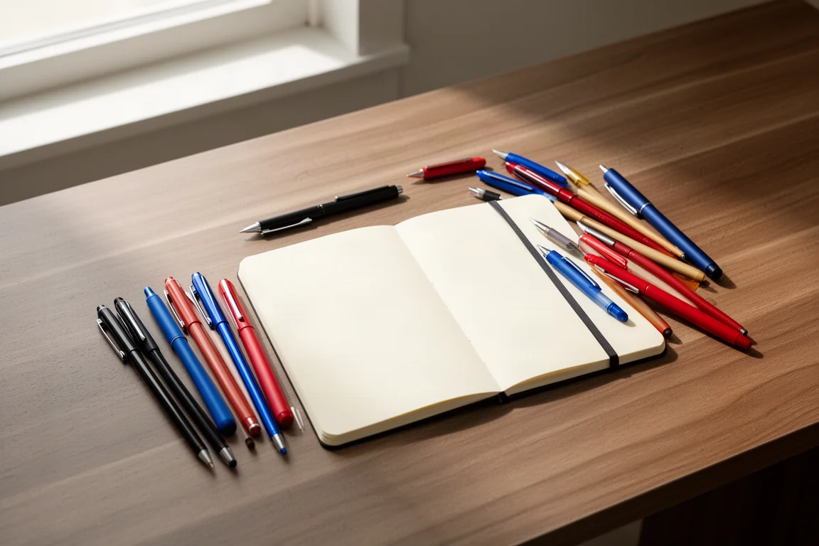 Assortimento di penne colorate disposte su una scrivania in legno accanto a un quaderno