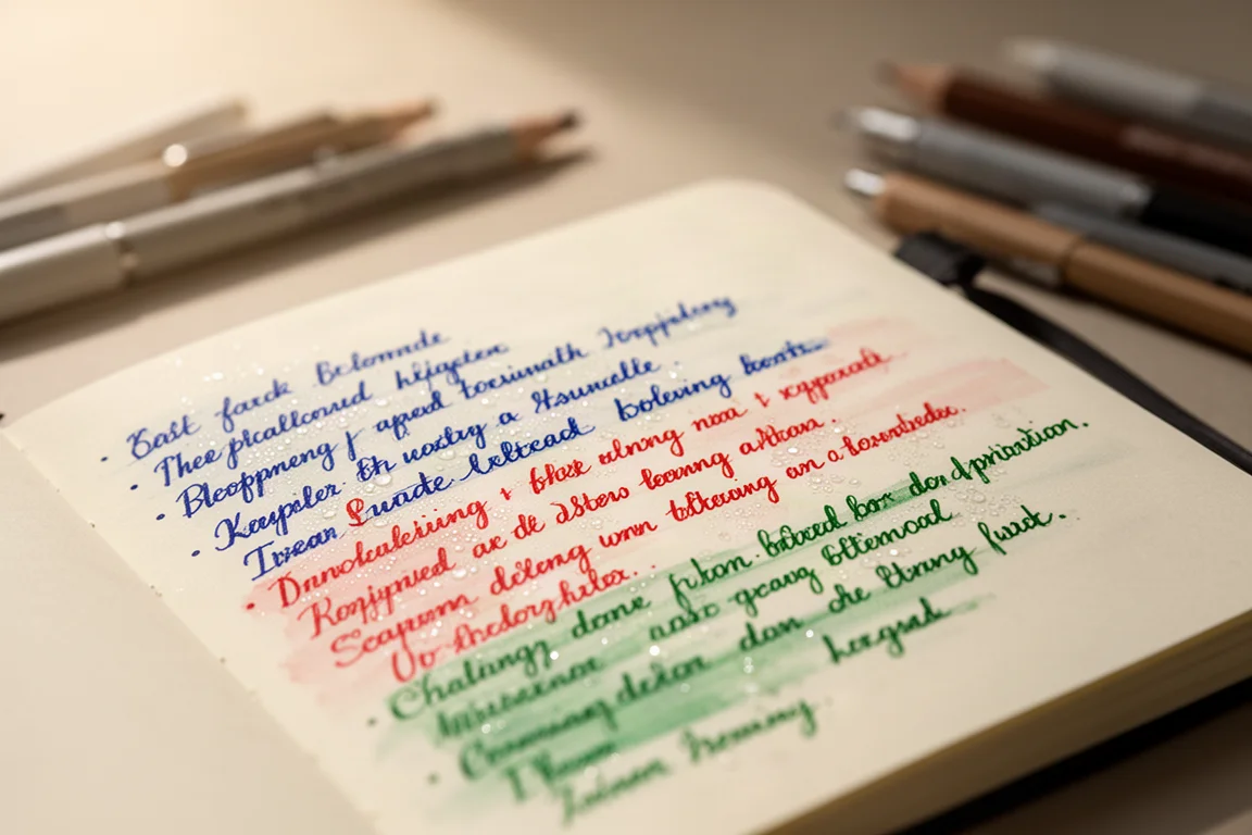 Appunti scritti a mano in un quaderno con ricchi colori di inchiostro gel