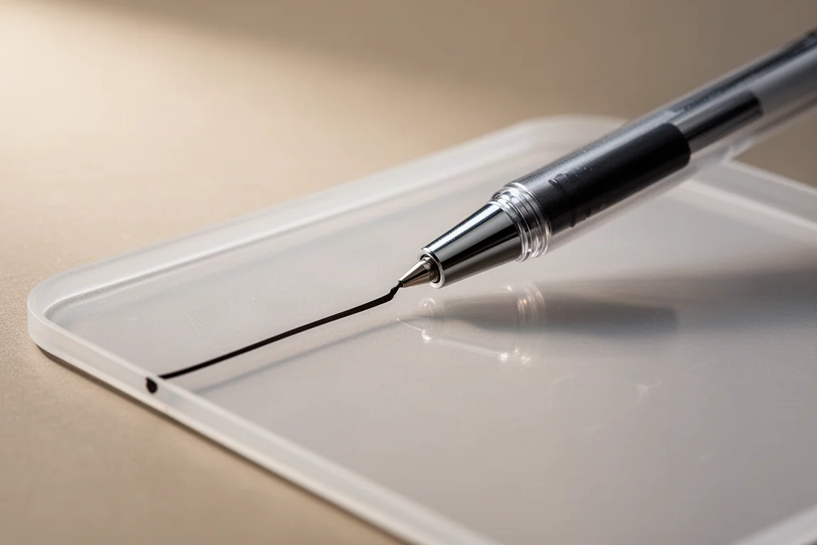 Penna rollerball che scrive su una superficie di plastica liscia