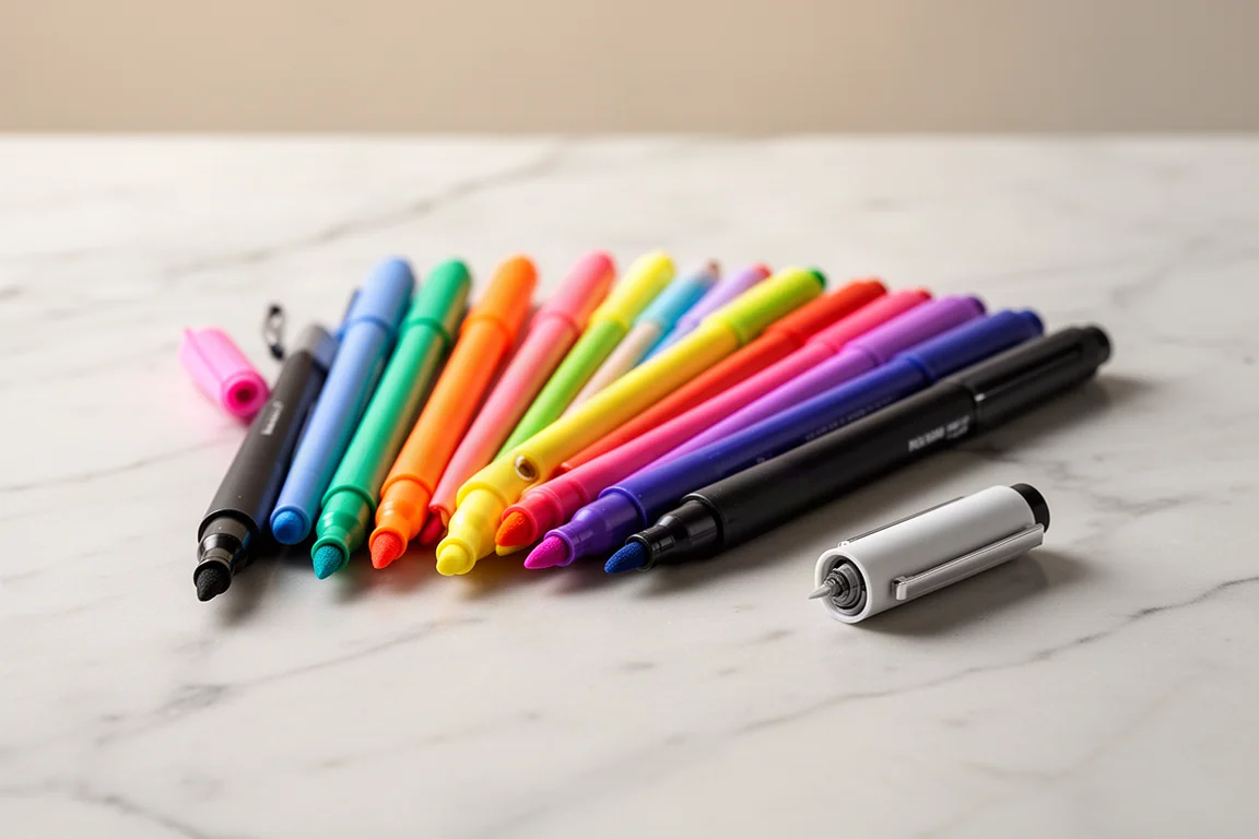 Penne marker a punta feltro disposte a ventaglio in colori vivaci su una superficie chiara