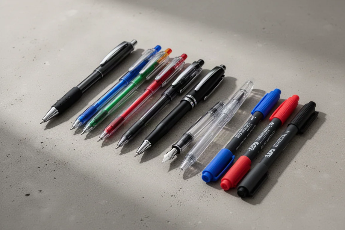 Assortment of ten budget Japanese pens laid out on a concrete surface