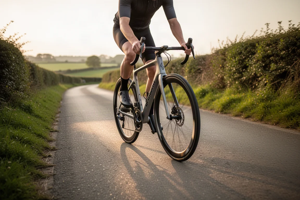 Ciclista pedalando uma road bike de carbono com freios de aro em uma estrada rural tranquila na luz dourada