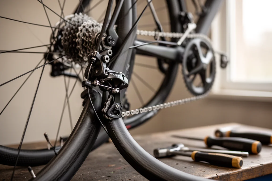 Close-up de uma pinça de freio de aro e corrente em um quadro de road bike de carbono em uma oficina
