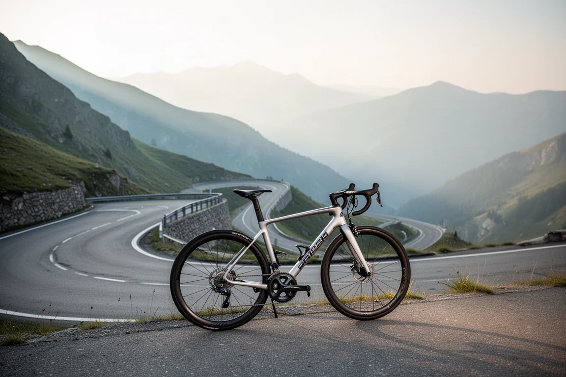 Road bike leve subindo uma estrada de montanha em zigue-zague na luz do início da manhã